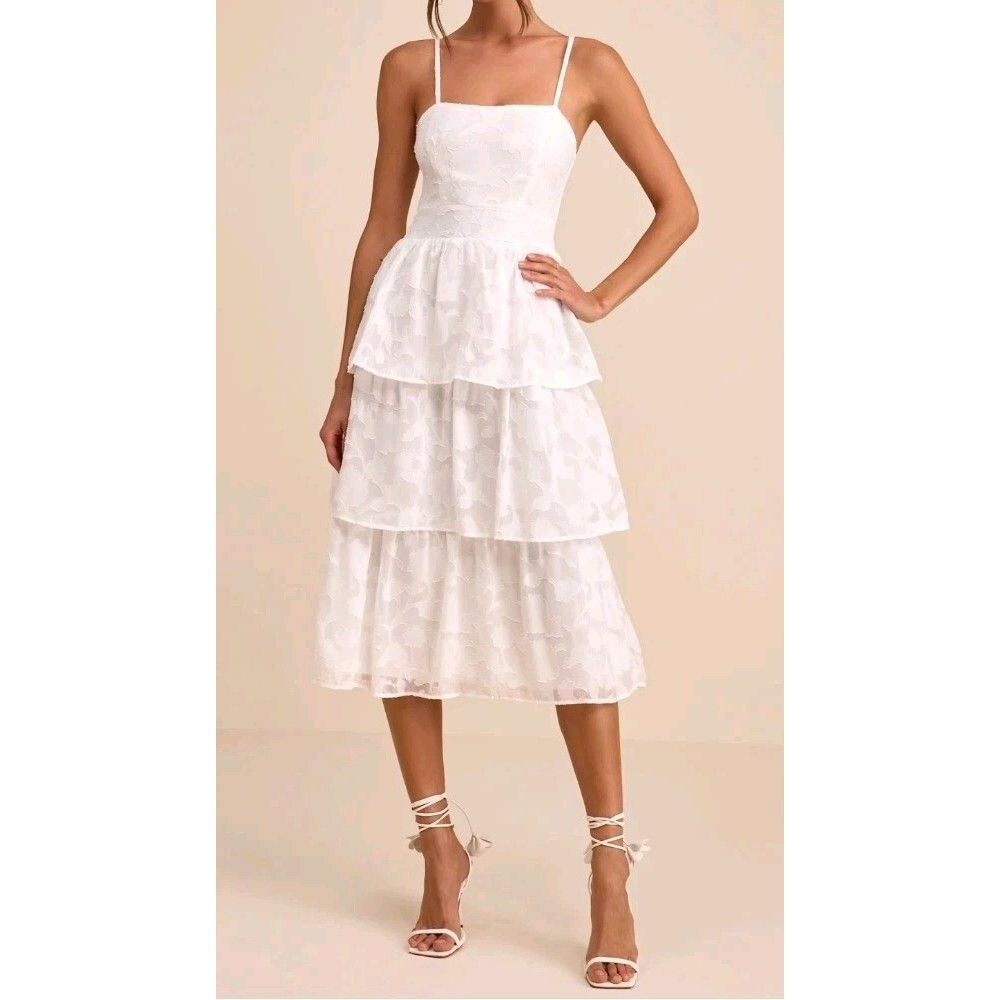 Lulus White Burnout Floral Tiered Midi Dress  Size XL Boho Cottagecore Romantic